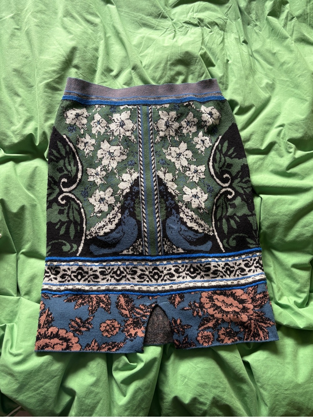 Moth Tapestry Knit Mini Skirt in Green, Blue and Pink